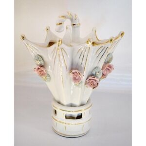 Antique Vase Unique Upside Down Umbrella, Pink Roses and Gold Trim.